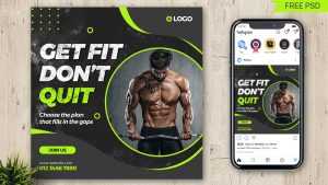 Free Strong Fitness Gym Social Media Post PSD Template 07