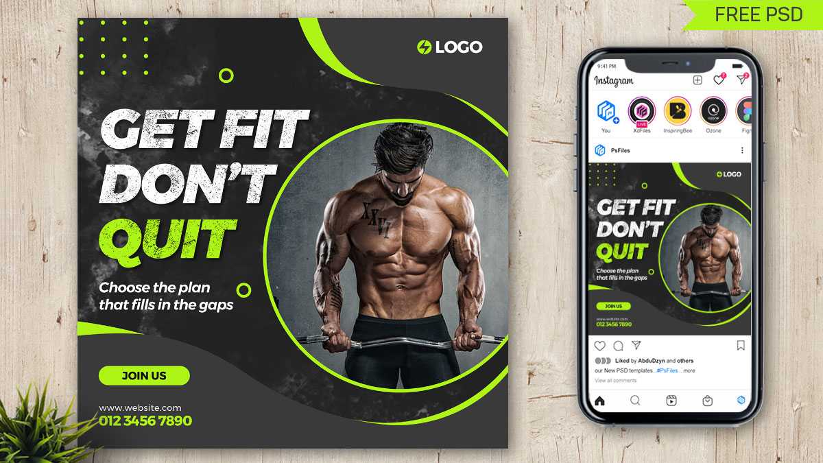 Free Strong Fitness Gym Social Media Post PSD Template 07