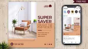 Free Super Save Sale Furniture Social Media Post PSD Template