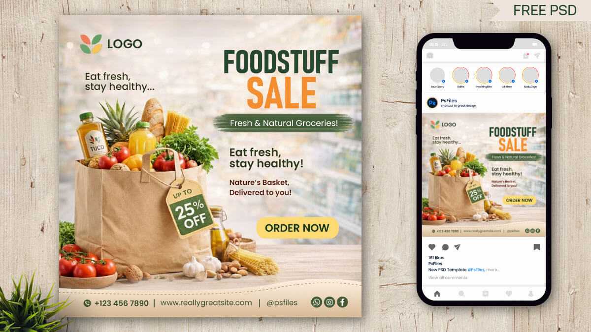 Free Supermarket Store Social Media Post Design PSD Template – Grocery Food Sale Instagram Banner
