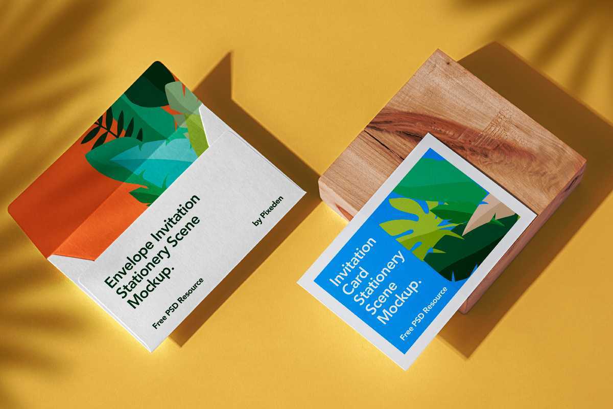 Free Thick Paper Invitation Card And Envelope Cover Mockup PSD