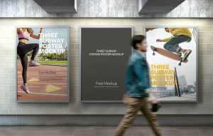 Free Three Subway Station Framed Ads Poster Mockup PSD