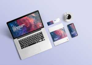 Free Top view MacBook Pro and iPhone Branding Mockup PSD