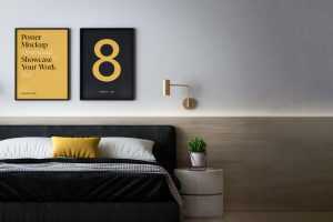 Free Two Framed Posters Mockup in Bedroom