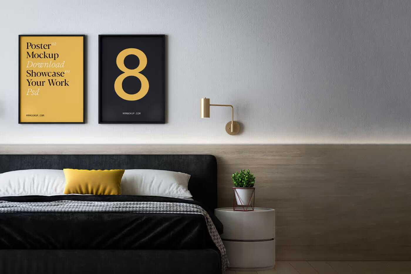 Free Two Framed Posters Mockup in Bedroom