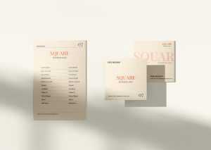 Free Two Square Business Card Mockup with A5 Flyer Mockup PSD
