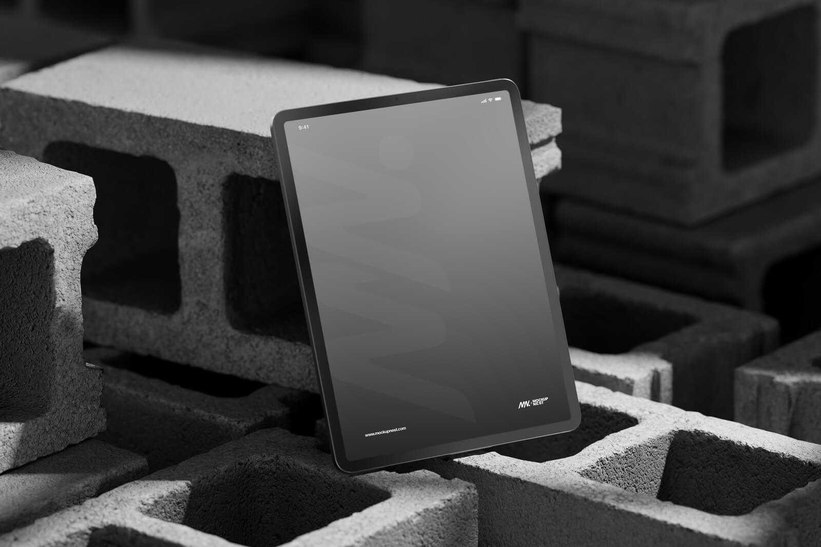 Free Vertical iPad Pro On Concrete Brick Mockup PSD PSD