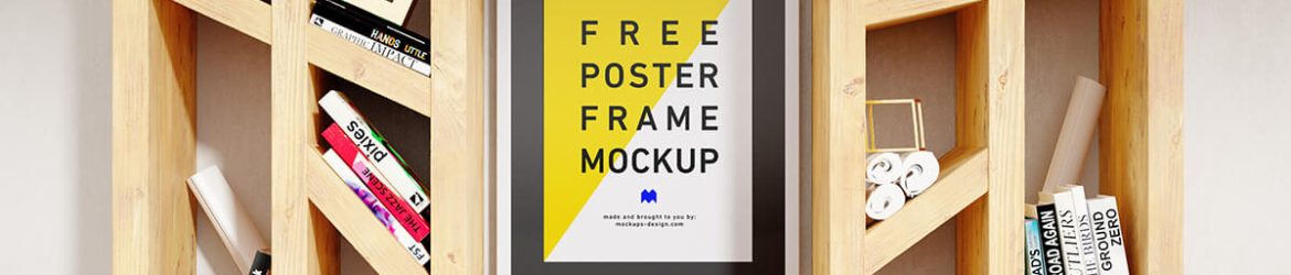 Free Vertical Poster Mockup PSD inside the Woden Bookshelf