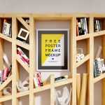 Free Vertical Poster Mockup PSD inside the Woden Bookshelf - Free PSD Download Free Vertical Poster Mockup PSD inside the Woden Bookshelf