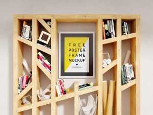 Free Vertical Poster Mockup PSD inside the Woden Bookshelf