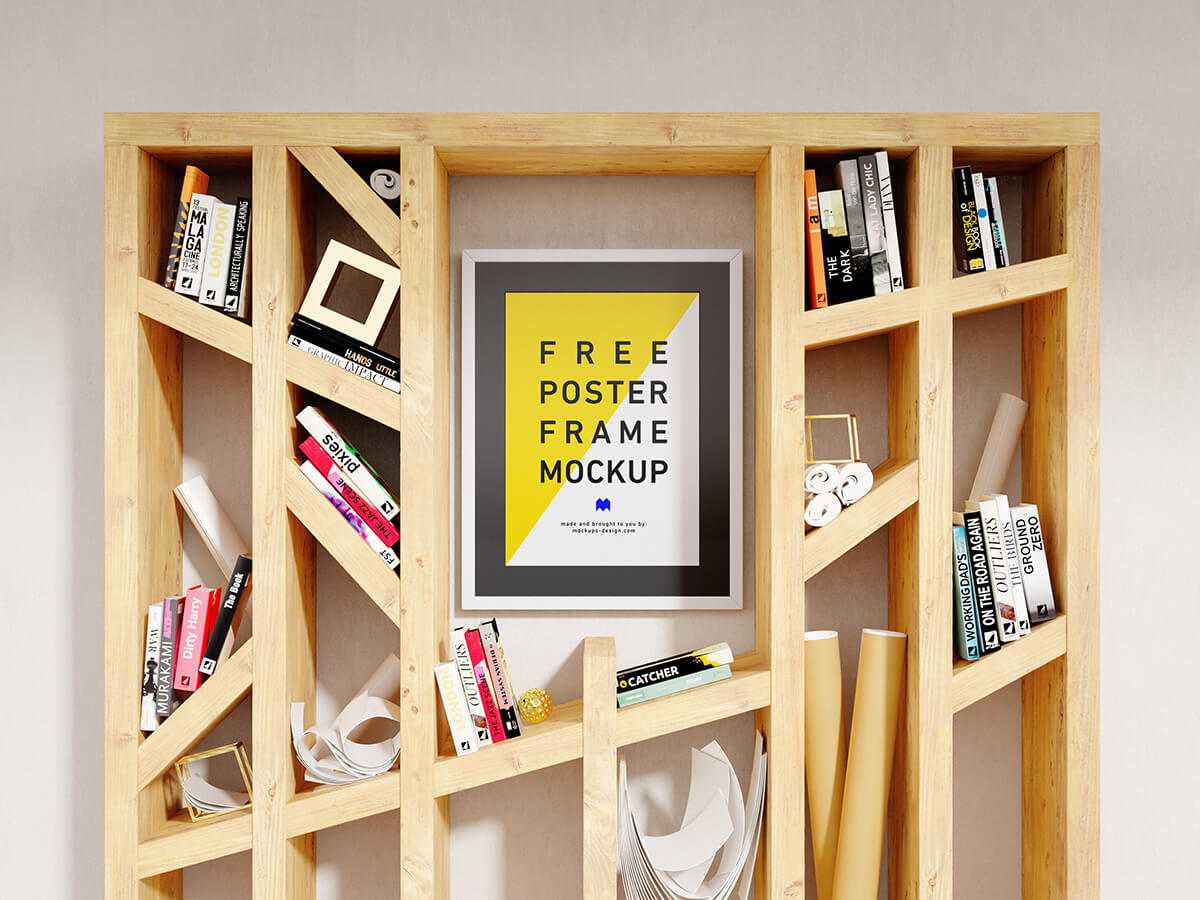 Free Vertical Poster Mockup PSD inside the Woden Bookshelf
