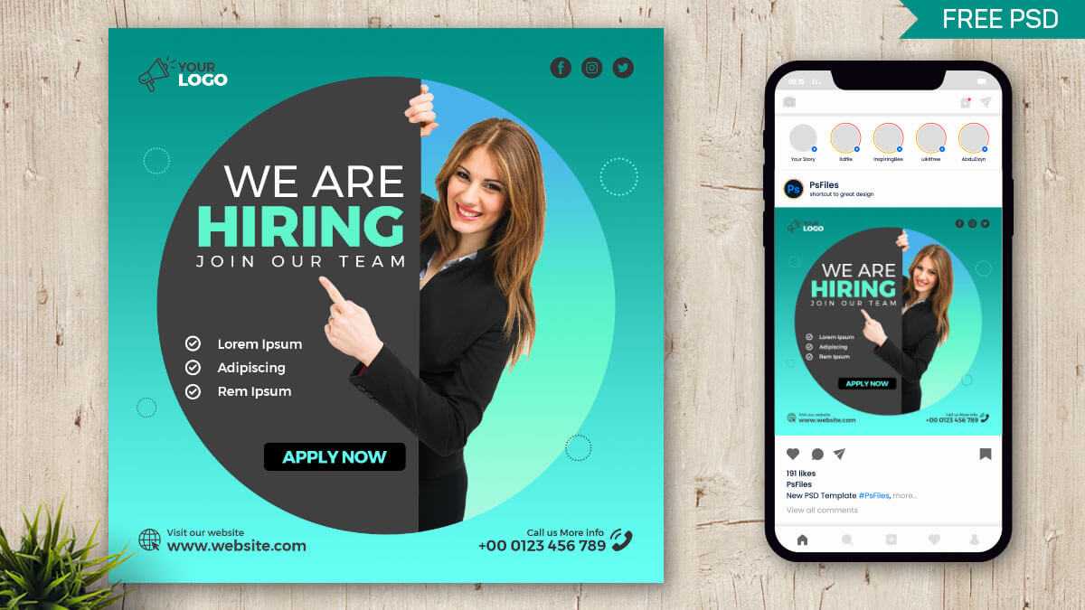 Free We are Hiring Job Offer Social Media Post PSD Template Design