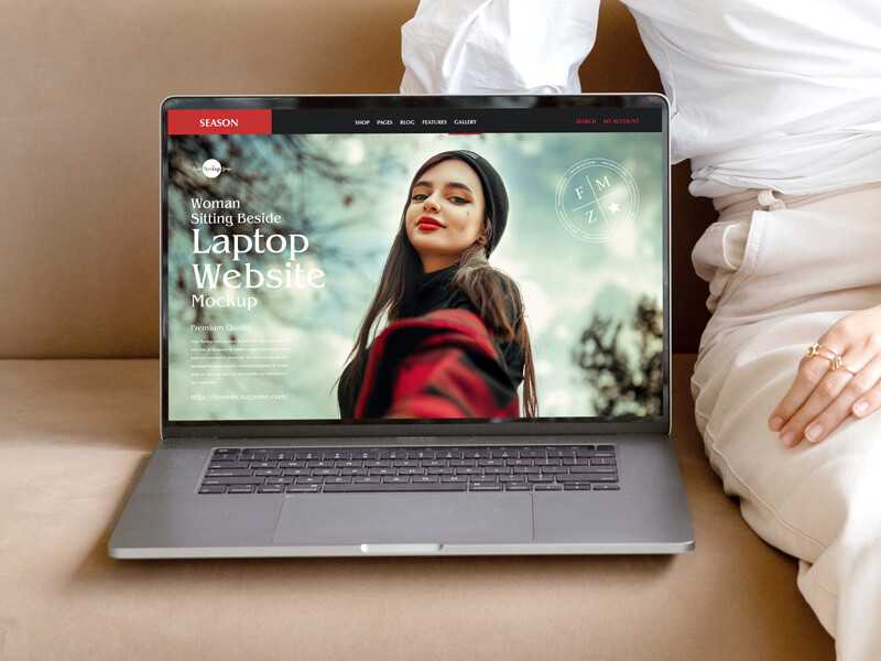 Free Woman Sitting Beside Laptop Website Mockup Free PSD