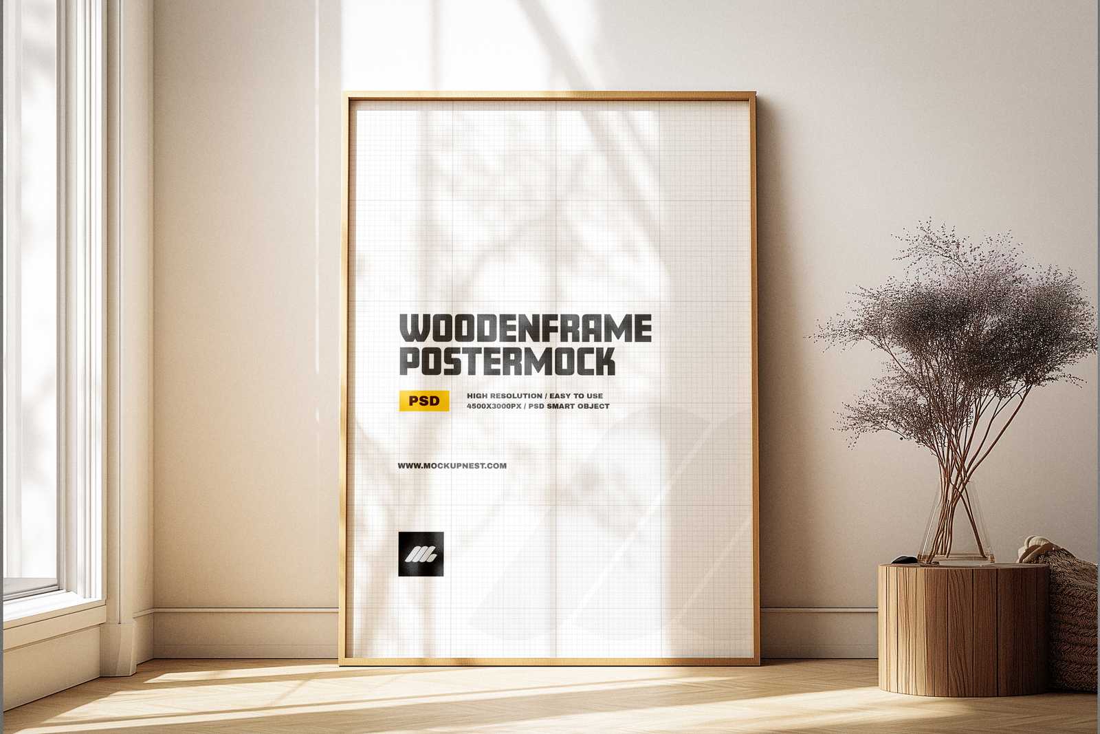 Free Wooden A2 Poster Frame Mockup in Sunlit Minimal Room