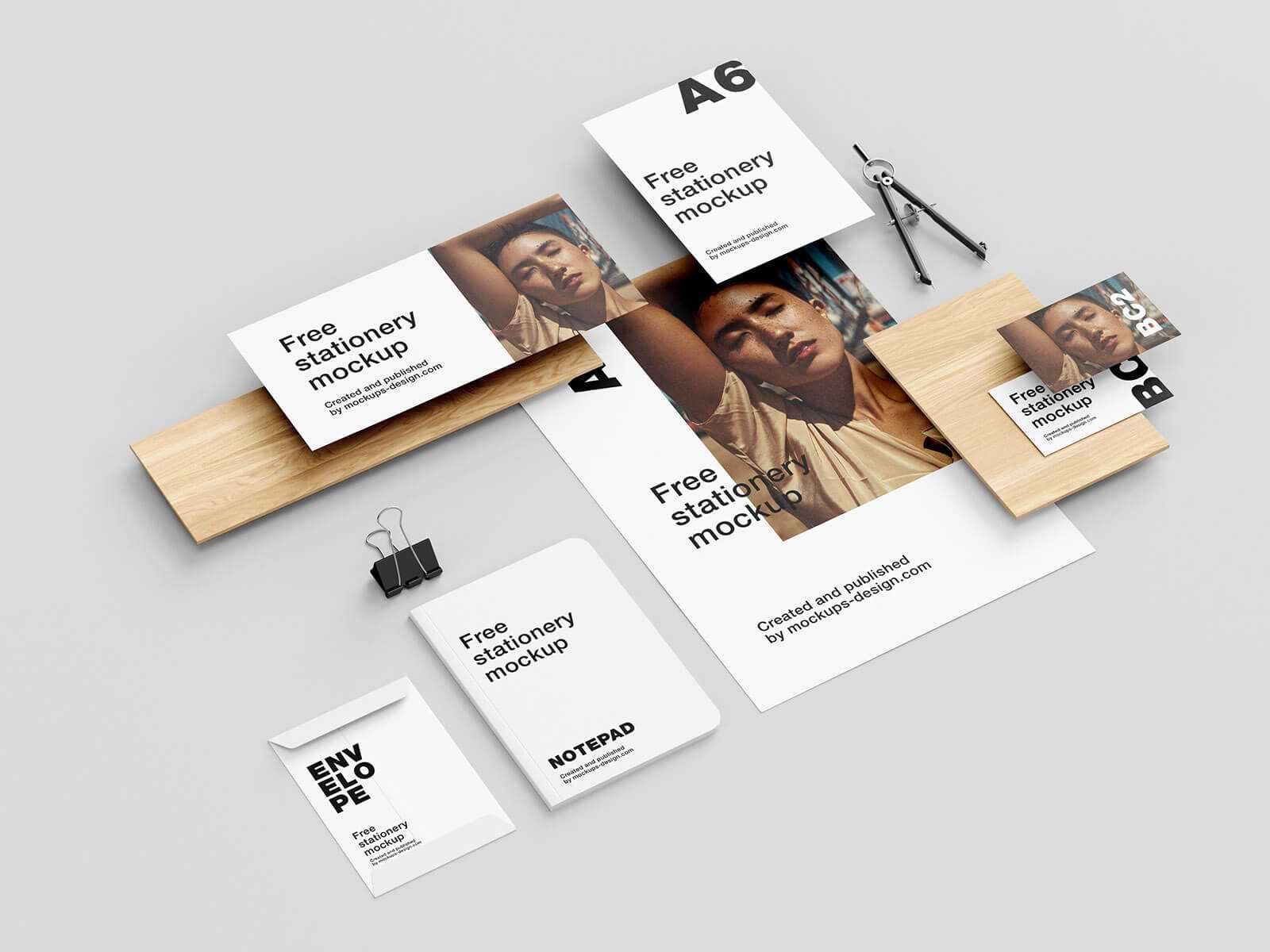 Free Wooden Plank Stationery Mockup PSD Set (5 Renders) PSD