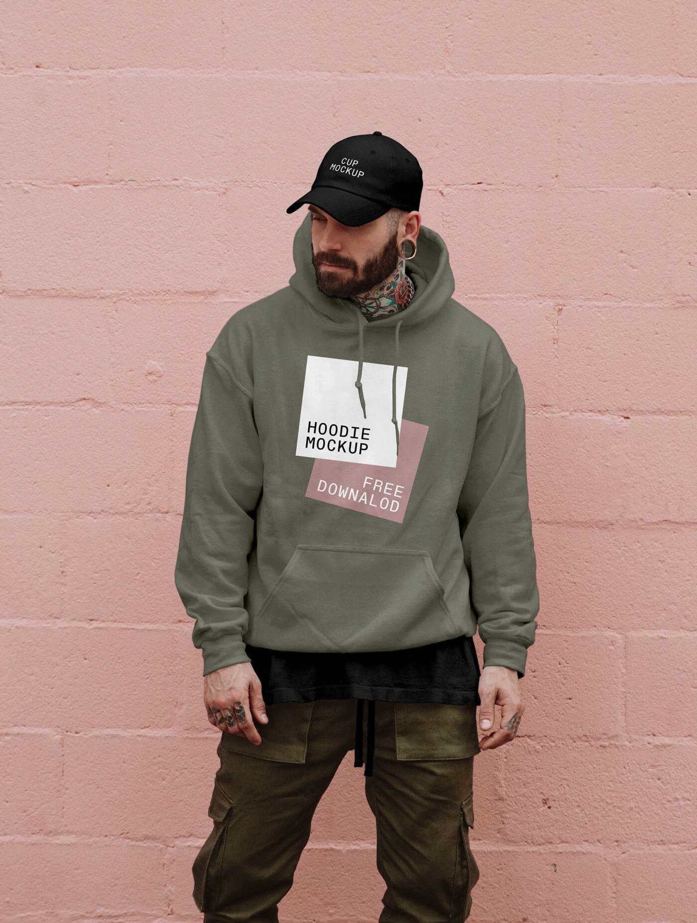 Front View of Male Free Hoodie Mockup PSD + Cap Mockup - Best Free Mockups | PsFiles