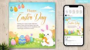Happy Easter Day Social Media Design PSD – Bunny & Colorful Eggs Greeting Template 2026