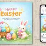 Happy Easter Greeting Design 2026 – Cute Easter Bunny and Colorful Eggs Social Media Template