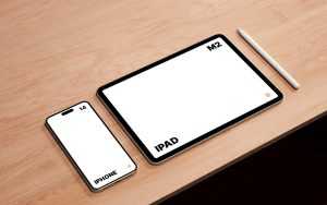 M2 iPad Pro and iPhone 14 Pro Max on Desk Mockup PSD