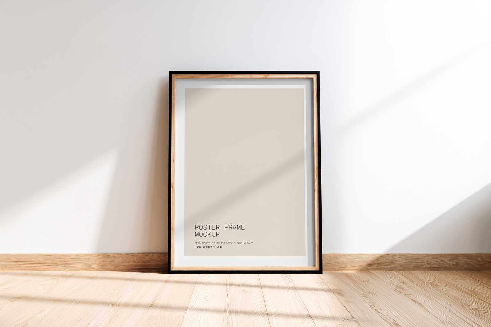 Minimal Wooden Frame Poster Mockup on Bright Wooden Floor