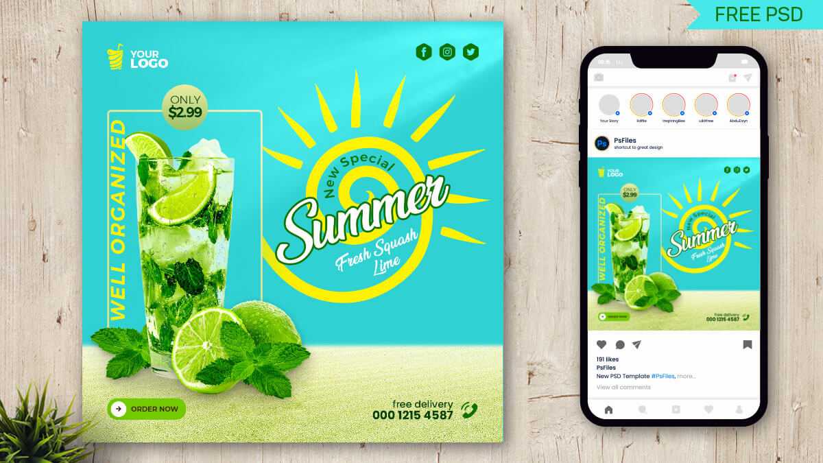 New Special Summer Drink Lime Mojito Instagram Post Design Free PSD