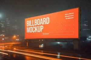 Night Rain Long City Billboard Mockup PSD Free
