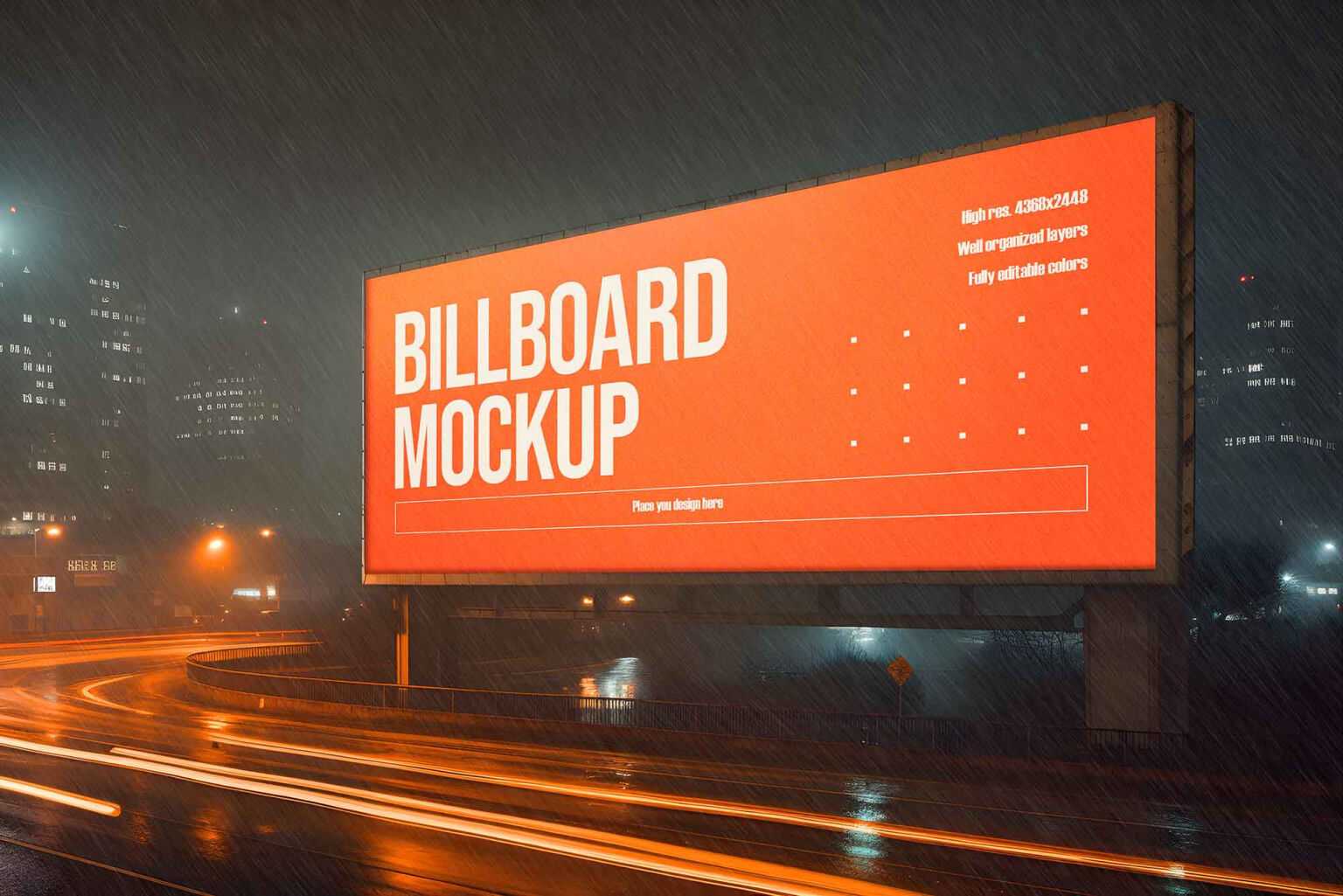 Night Rain Long City Billboard Mockup PSD Free