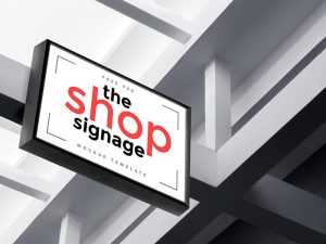 Outdoor Shop Logo Signage Attached To A Suspended Ceiling Mockup PSD