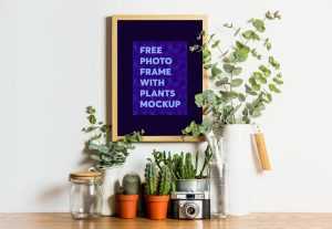 Photo Frame with Indoor Plants Mockup
