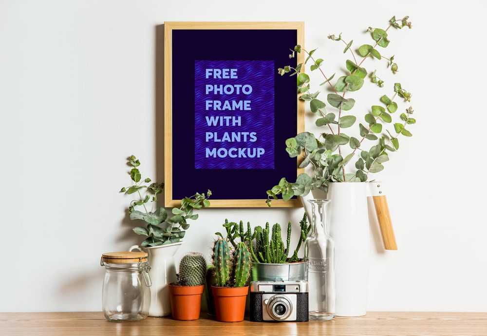Photo Frame with Indoor Plants Mockup