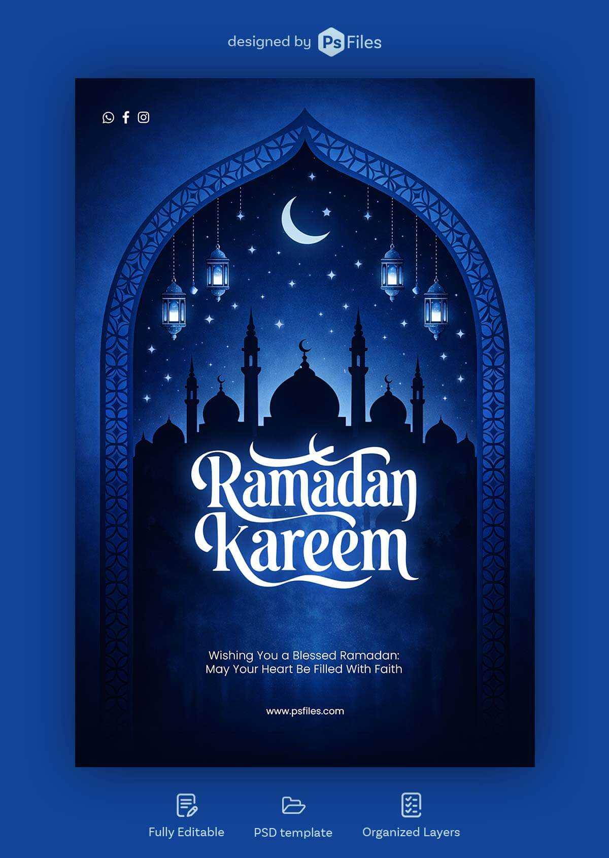 Ramadan Kareem Blue Mosque Story Design 2026 PSD – Islamic Greeting Social Media Template