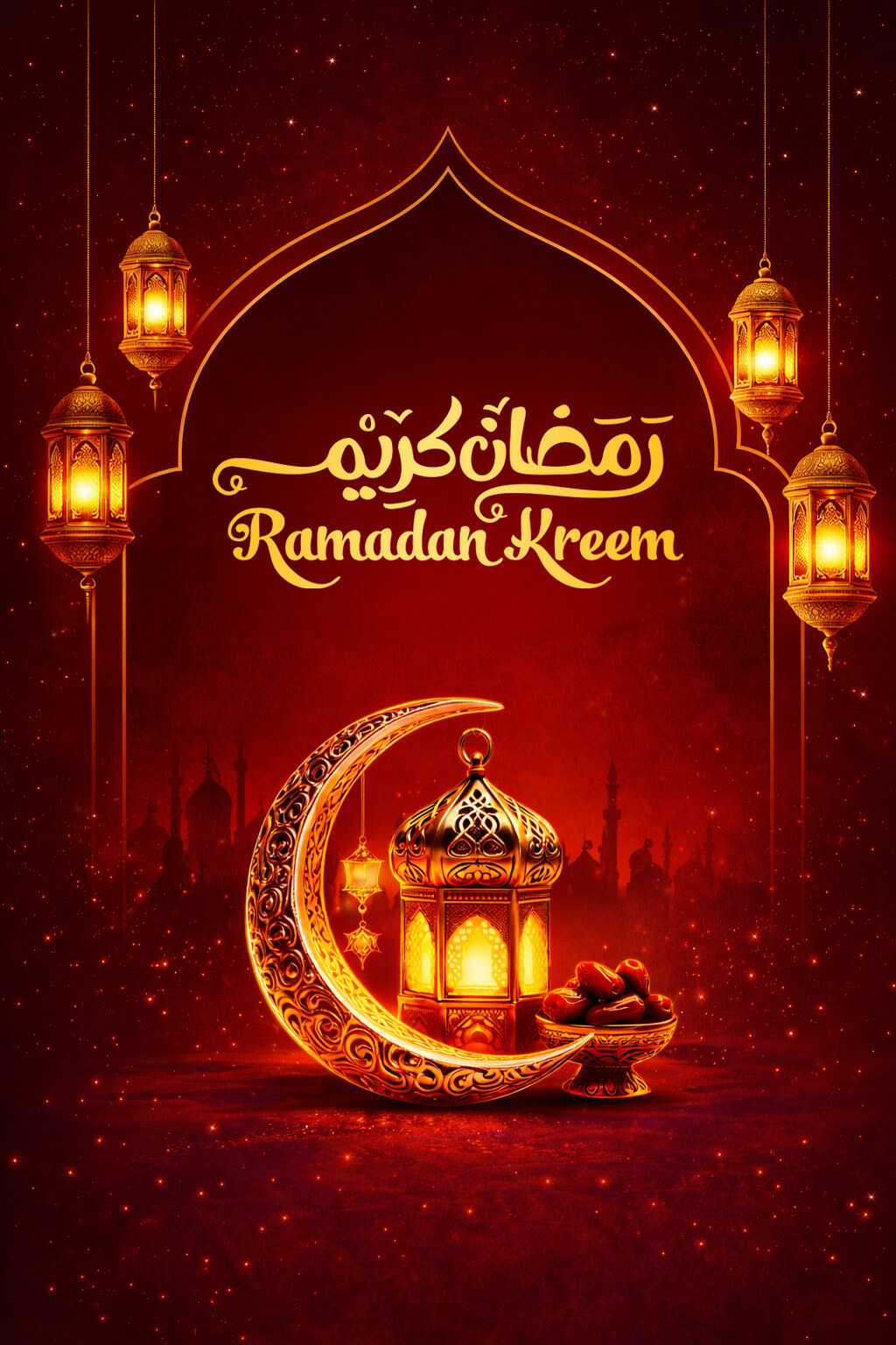Ramadan Kareem Red & Gold Poster Design 2026 – Islamic Social Media Banner Template