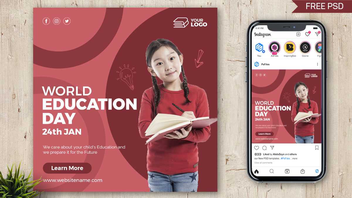 World Education Day Social Media Post PSD Template for Free