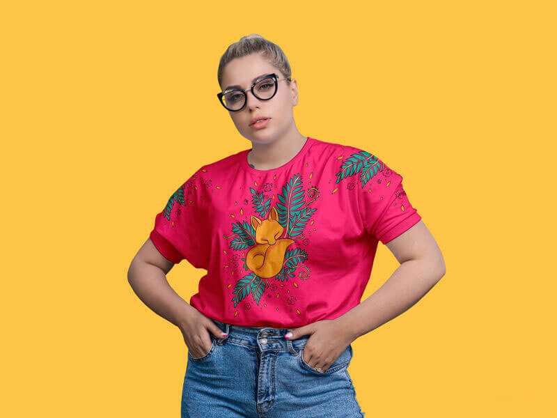 Young Woman Wearing Crew Neck T-shirt Mockup Free PSD