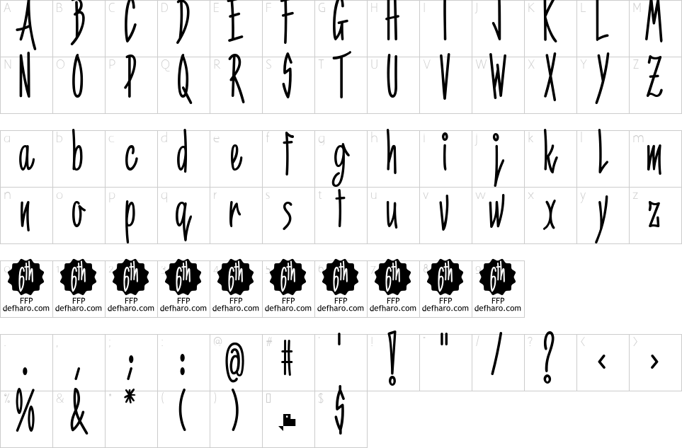 Mapa de caracteres da fonte 6th Aniversario Font