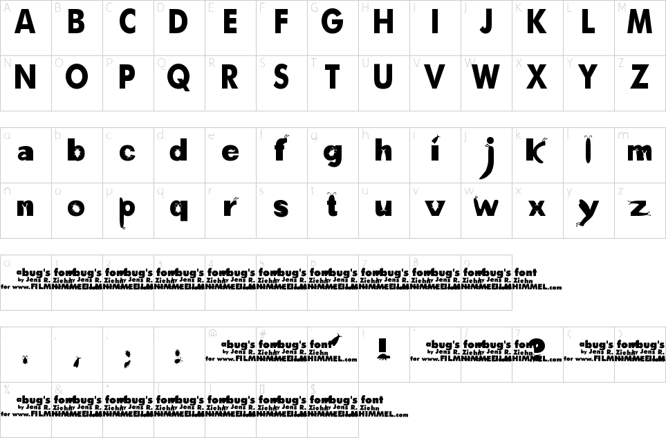 Mapa de caracteres da fonte A Bugs Life Font