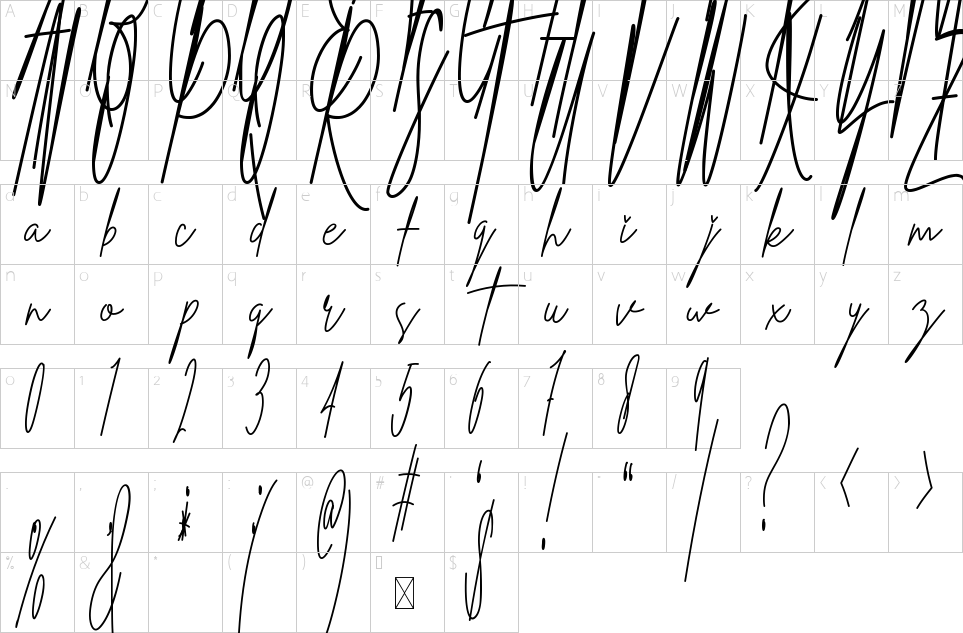 Mapa de caracteres da fonte A Handwriting Font