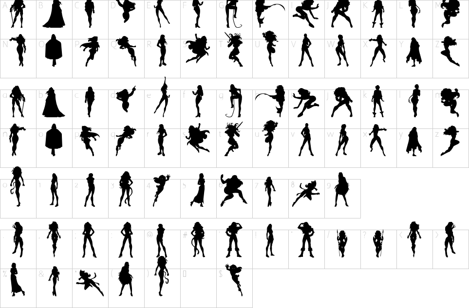 Mapa de caracteres da fonte Action Women Font