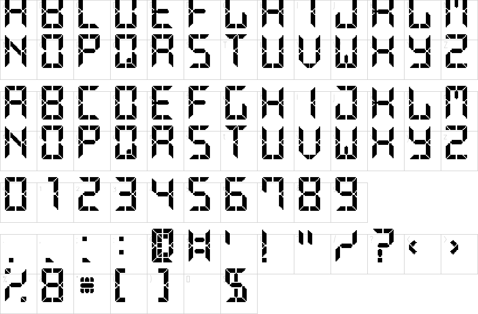 Mapa de caracteres da fonte Advanced Pixel LCD 7 Font