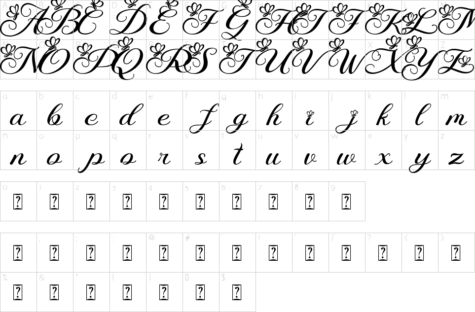 Mapa de caracteres da fonte Agetya Butterfly Font