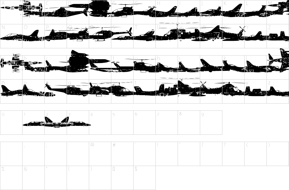 Mapa de caracteres da fonte Air Force Font