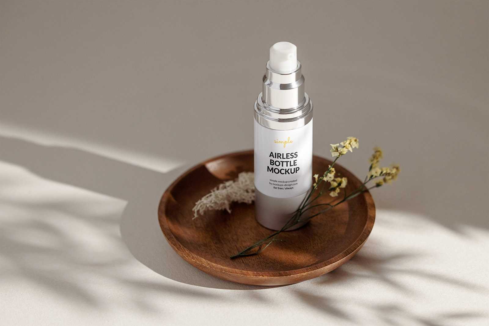 Airless bottle on wooden tray mockup