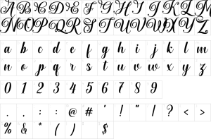 Mapa de caracteres da fonte Albertya Script Font