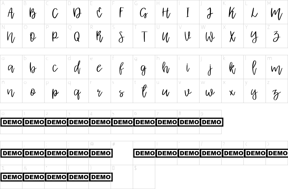 Mapa de caracteres da fonte Albret Handwritten Script Font