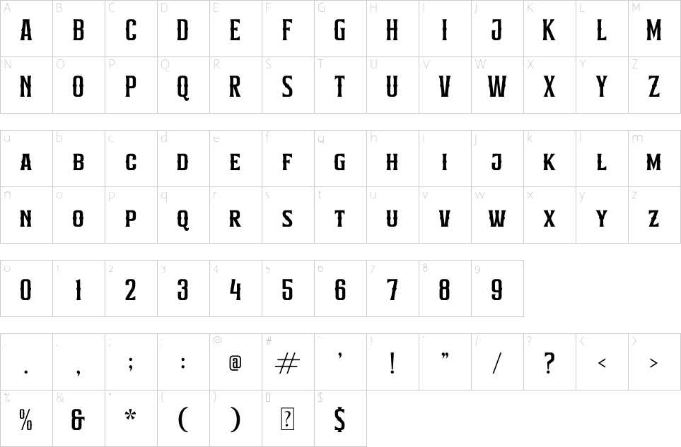 Mapa de caracteres da fonte Alinore Font