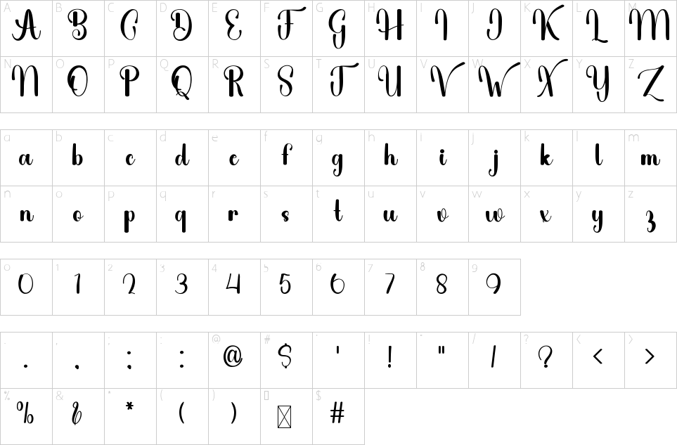 Mapa de caracteres da fonte Alphabet Elisabeth Font
