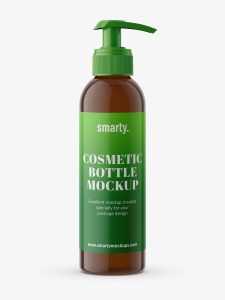 Amber cosmetic bottle with pump mockup