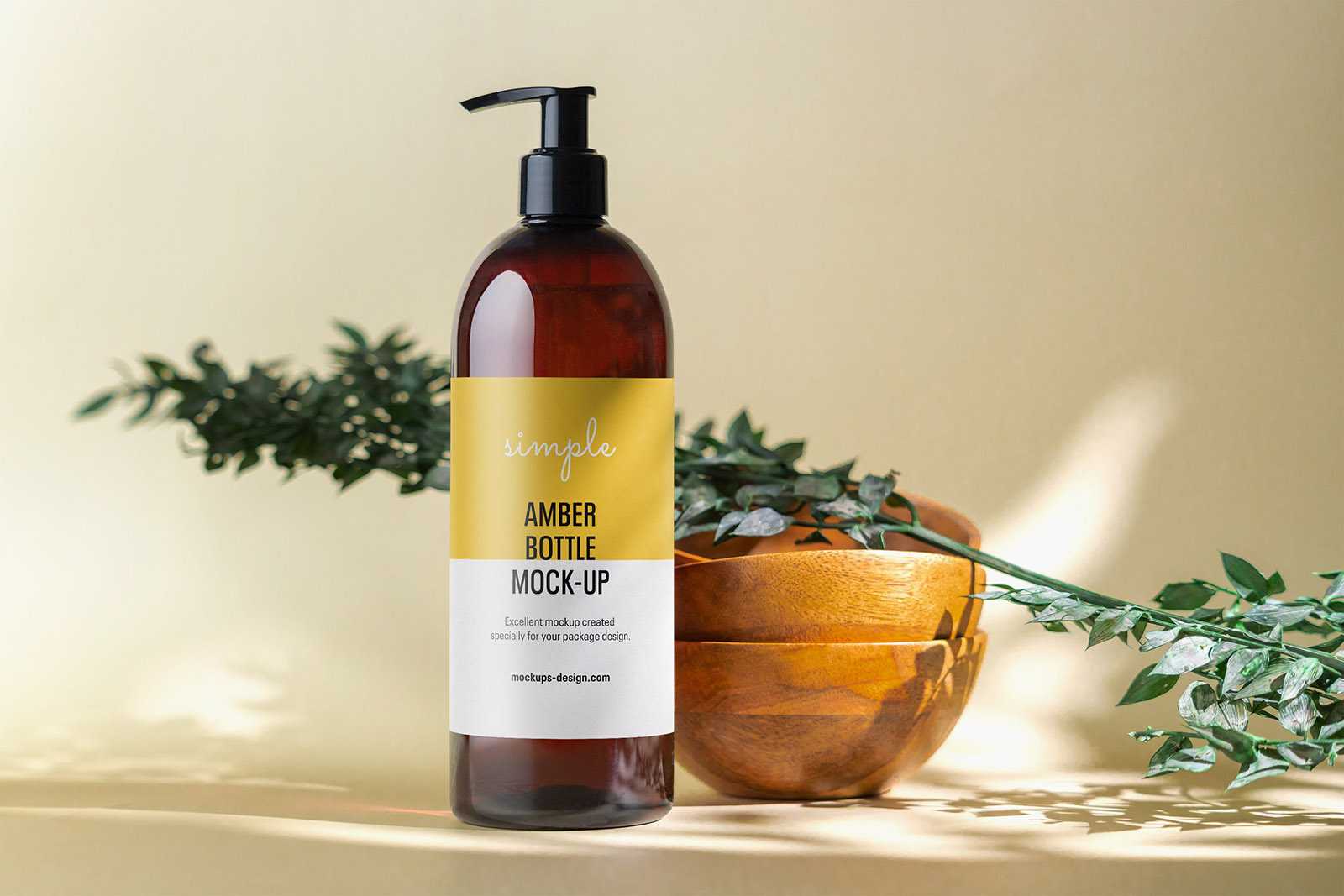 Amber pump bottle on natural background mockup