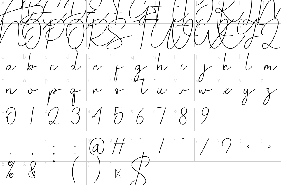 Mapa de caracteres da fonte American Signature Font