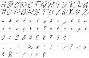 Mapa de caracteres da fonte Ameyallinda Signature Font